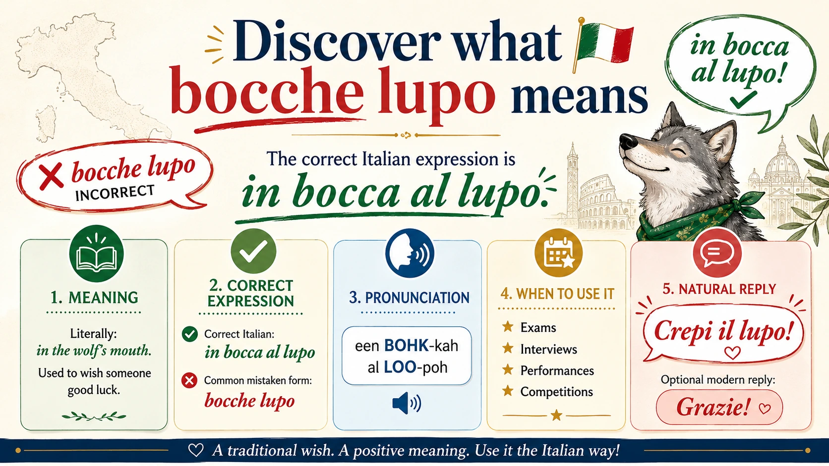 Bocche Lupo Meaning: The Correct Italian Phrase, Reply, Origin, and Usage
